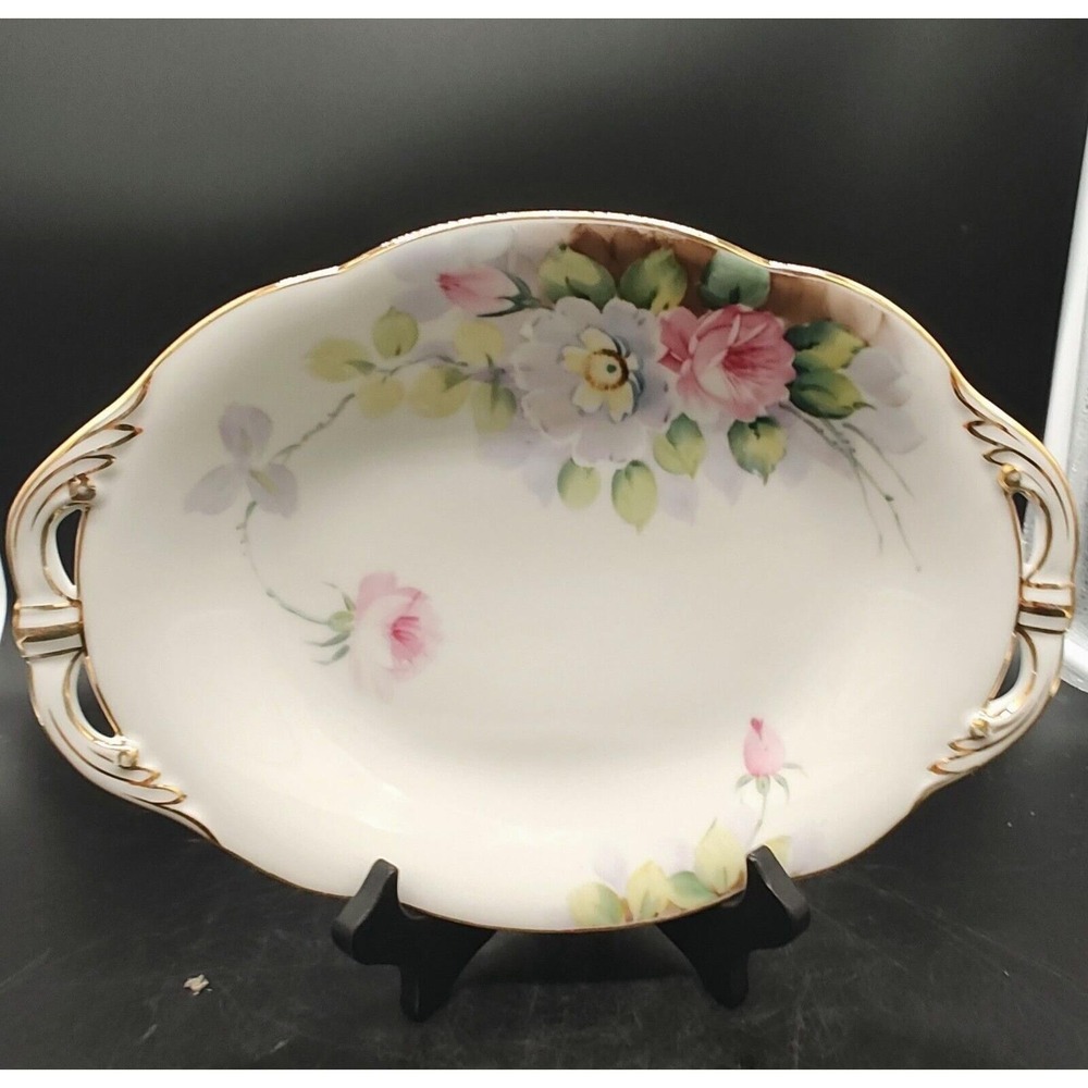 Antique Hand Painted Nippon 10.5" Vegetable Serving Dish Floral Flower Japan